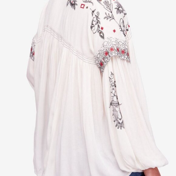 ICONIC BOHO WESTERN FREE PEOPLE EMBROIDERED STUDDED V NECK BLOUSE OFF WHITE SZ M - Picture 13 of 16